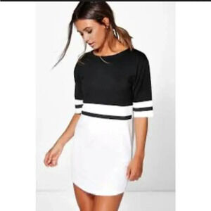 Boohoo Caris Curve Hem Color Block Shift Dress Black White Size 0